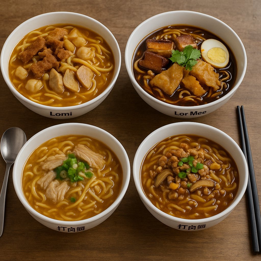 四碗不同風格的勾芡麵食，包括菲律賓 Lomi、台灣滷麵，以及兩款打卤麵，整齊擺放在木桌上，呈現東亞與東南亞麵食的濃稠風格差異。