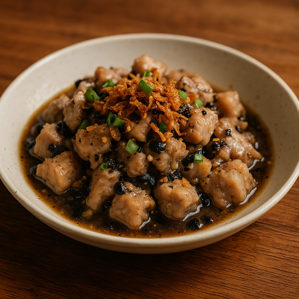 樸活豉汁蒸排骨，一口大小蒸熟的排骨，撒上蔥花與辣椒圈，家常風味。