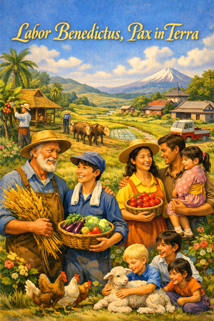 描繪農村家庭、農夫、作物與家畜共處於田園中的插畫,象徵土地耕作、生計延續、社群合作與和平共存。