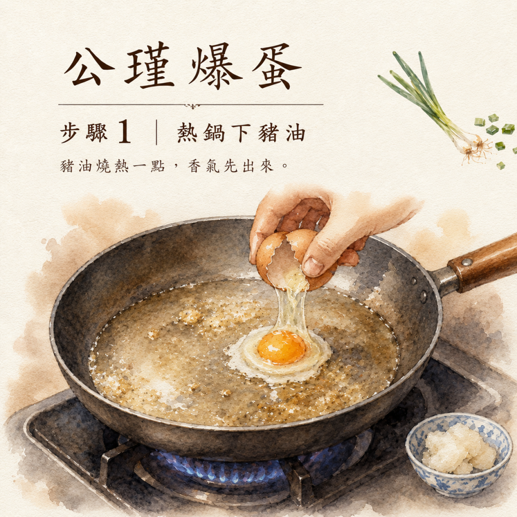 公瑾爆蛋步驔1|平底鍋放豬油燒熱,香氣先出來