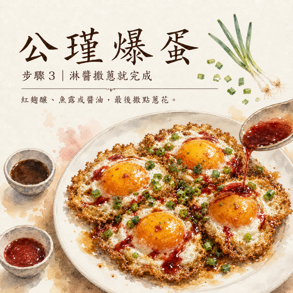 公瑾爆蛋步驔3|起鍋後淡樸活紅麴釀與魚露,擒譔花完成