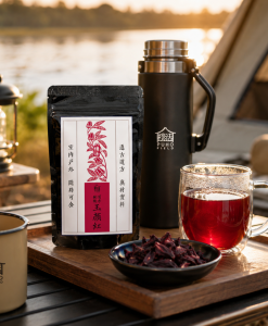 樸活玉顏紅隨身包露營外出使用場景,搭配茶飲與保溫瓶,洛神花果盛裝於小碟中