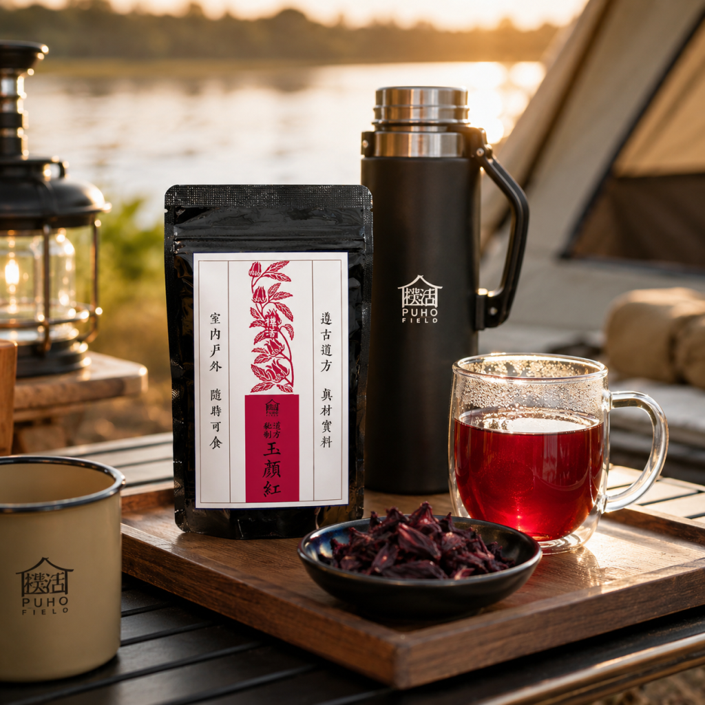 樸活玉顏紅隨身包露營外出使用場景,搭配茶飲與保溫瓶,洛神花果盛裝於小碟中
