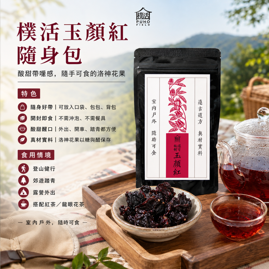 樸活玉顏紅隨身包介紹圖,包含產品特色、食用情境與搭配方式說明