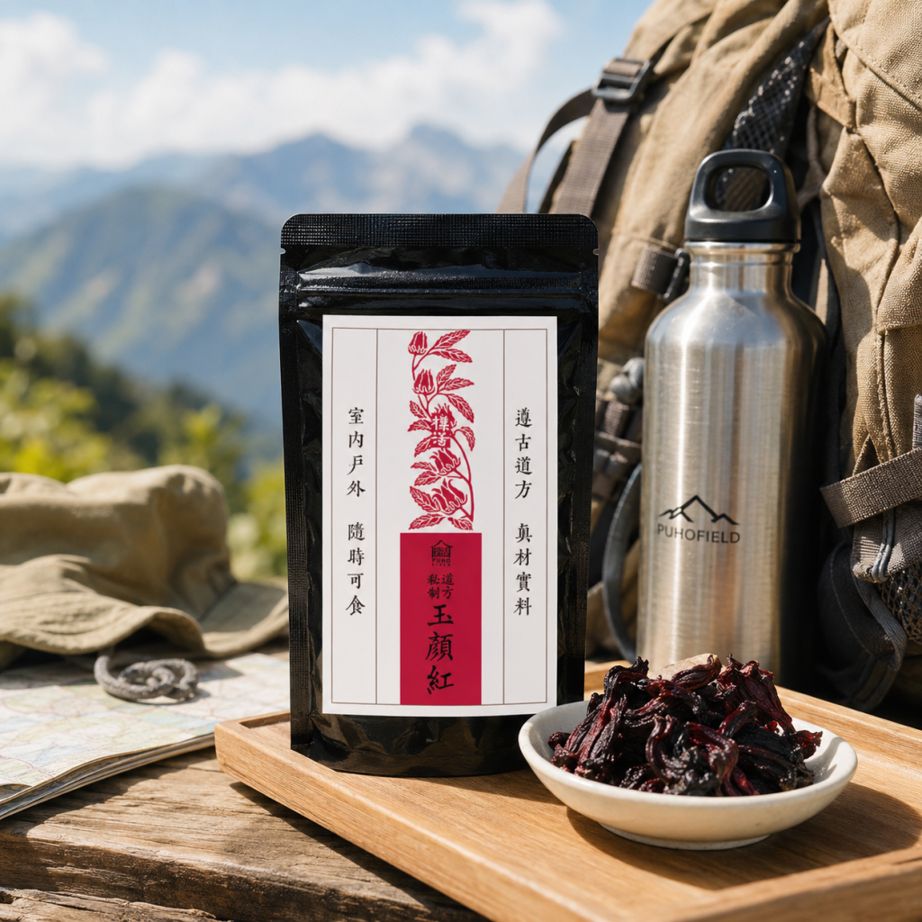 樸活玉顏紅隨身包登山健行使用場景,洛神花果置於小碟中,適合放入口袋、背包隨身攜帶