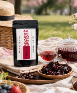 樸活玉顏紅隨身包郊遊踏青場景，搭配紅茶飲用，洛神花果盛裝於木盤與小碟中