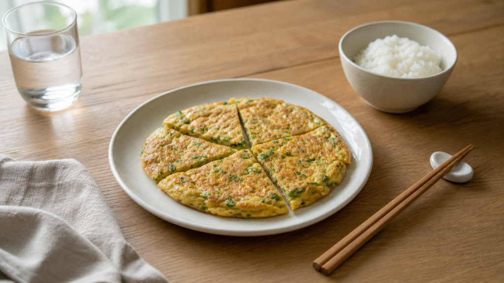 晚餐蛋料理：蔬菜煎蛋切塊裝盤，搭配白飯與筷子