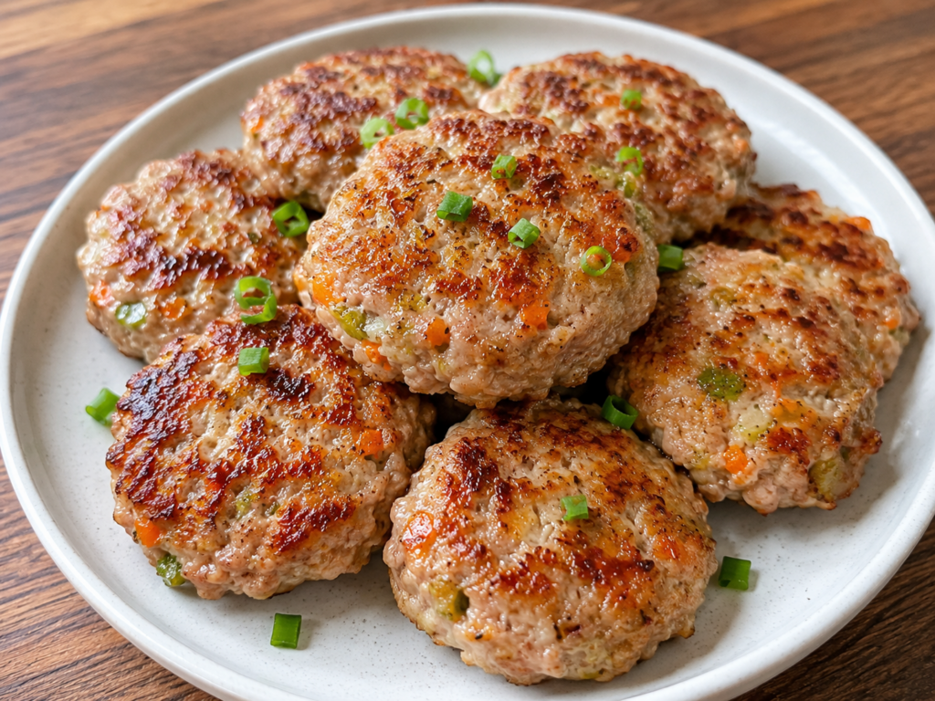 蔬菜肉餅成品:紅麴黑糖蔬菜絞肉煎餅裝盤並撒上蔥花