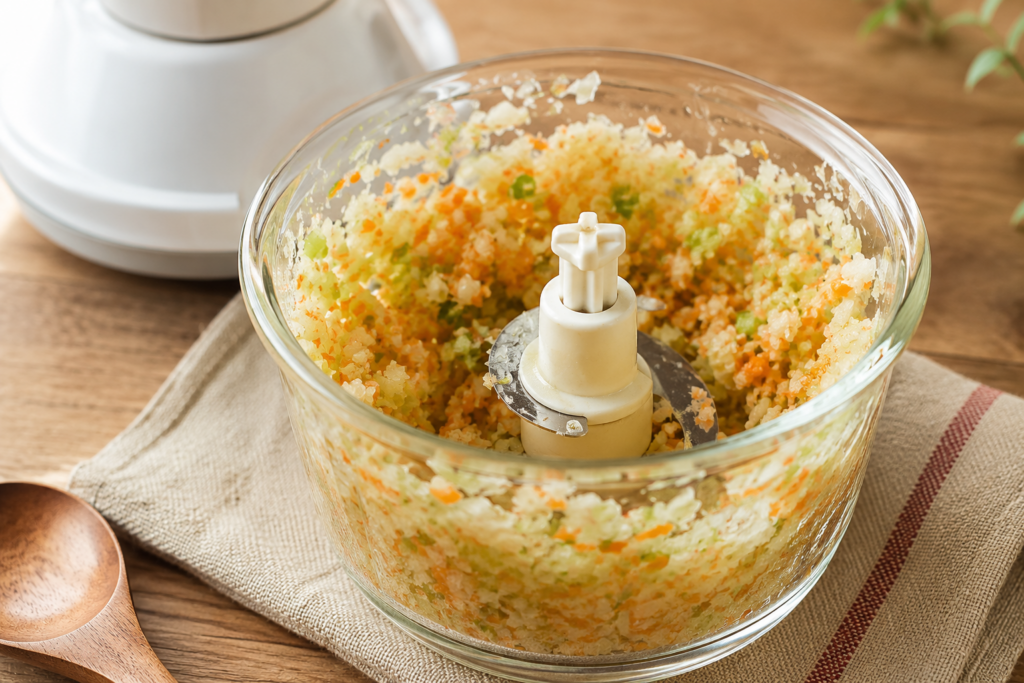 蔬菜煎蛋備料:金針菇、洋蔥、紅蘿蔔與芹菜打成細粒
