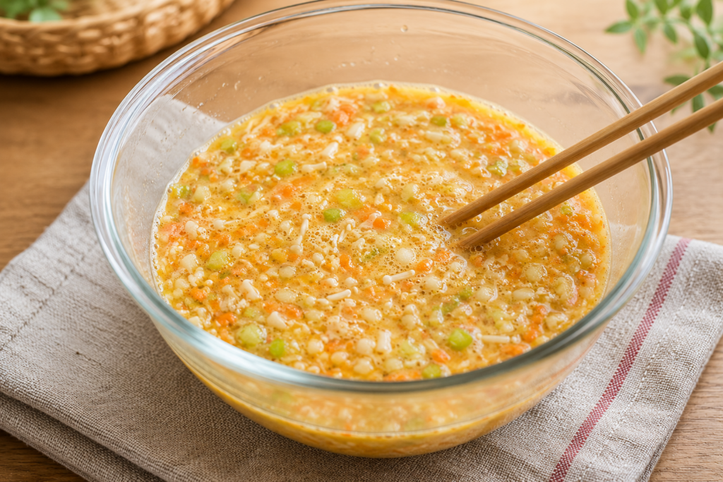 蔬菜煎蛋蛋液:四顆雞蛋與蔬菜細粒、紅麴釀、黑糖攪拌均勻
