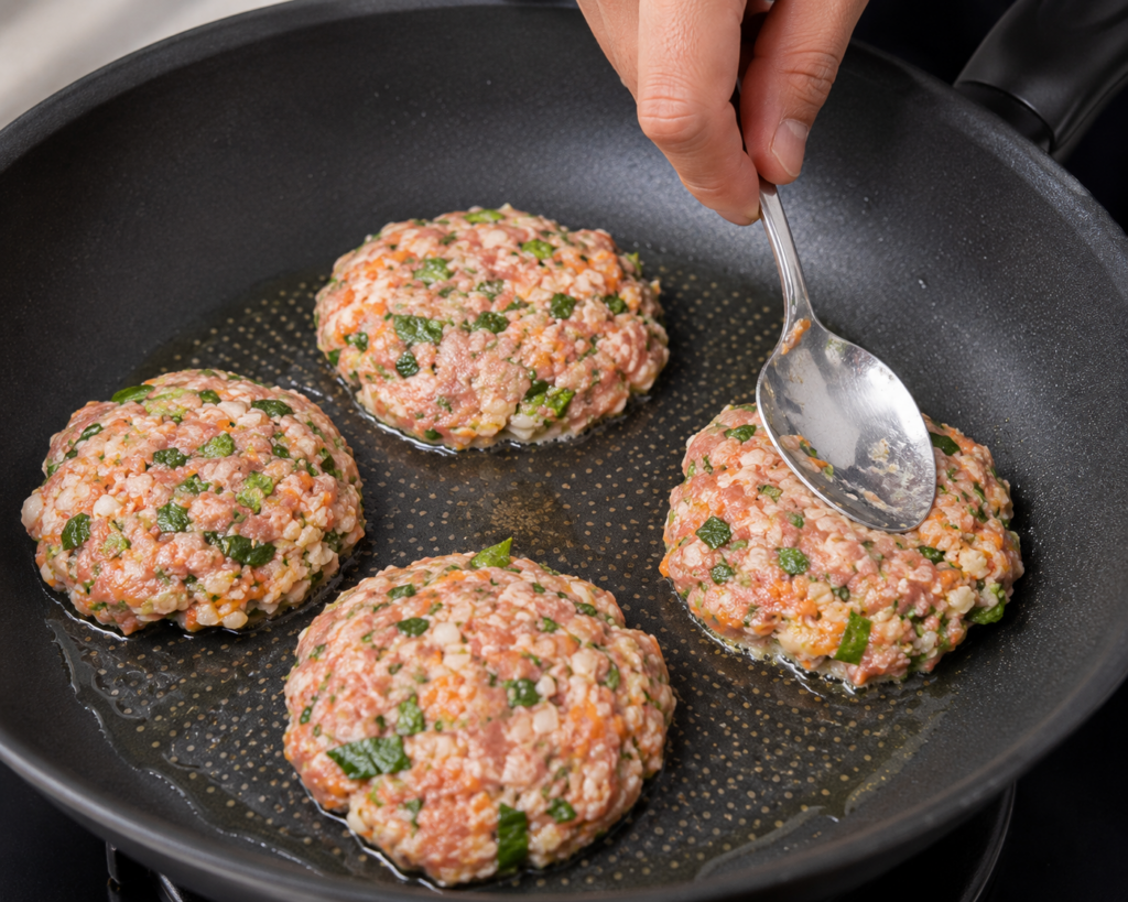 豬絞肉料理整形：用湯匙挖取肉餡在平底鍋中壓成小肉餅